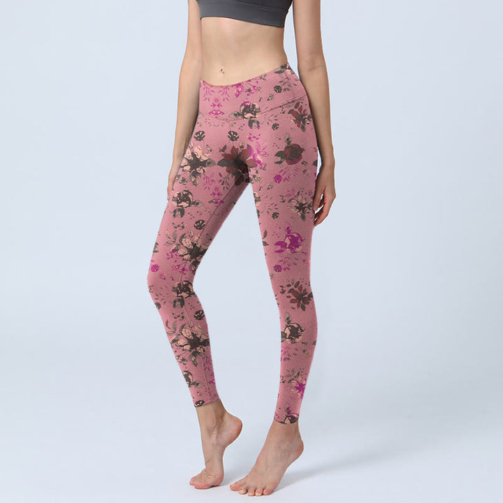 Leggings de sport et de fitness à imprimé Buddha Stones, roses rouges et feuilles roses, pantalons de yoga pour femmes - Violet pâle Rouge - US18，UK/AU22，EU50 (4XL) - image 1
