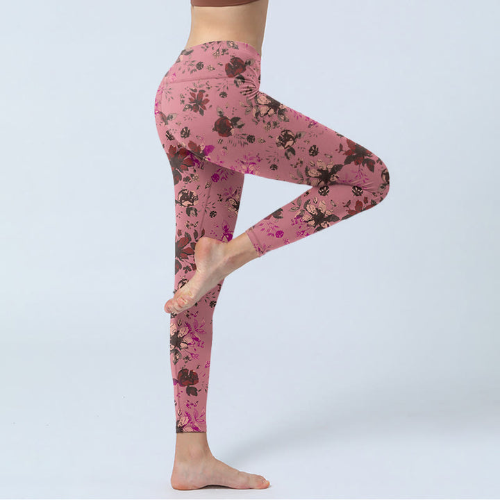 Leggings de sport et de fitness à imprimé Buddha Stones, roses rouges et feuilles roses, pantalons de yoga pour femmes - image 3