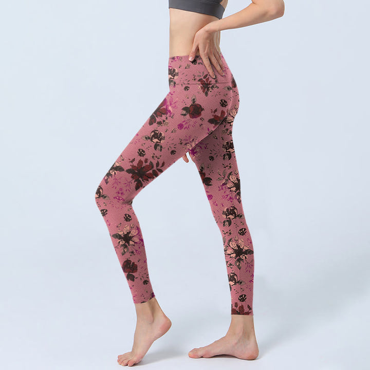 Leggings de sport et de fitness à imprimé Buddha Stones, roses rouges et feuilles roses, pantalons de yoga pour femmes - image 2