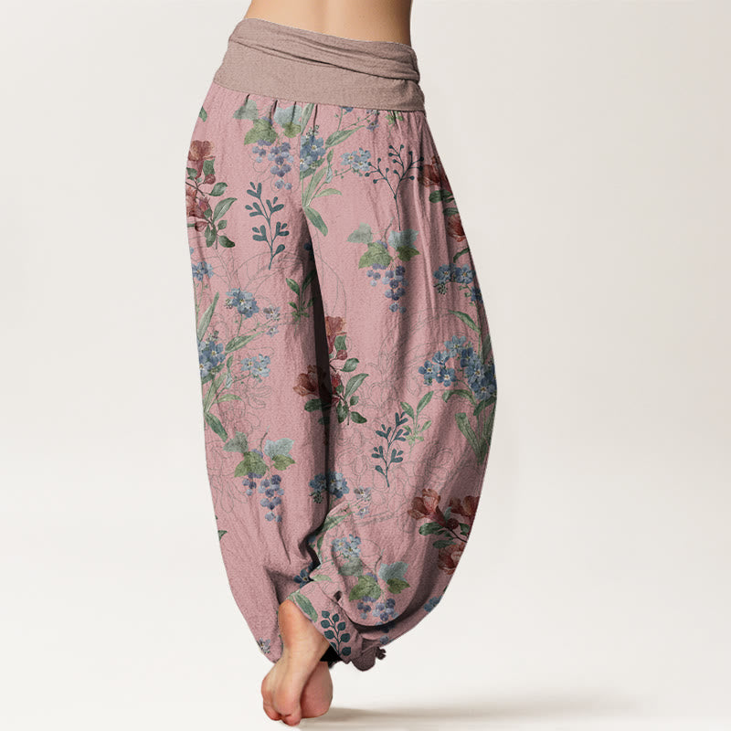Pantalon sarouel à taille élastique pour femme, Buddha Stones, fleurs rouges, bleues et feuilles vertes - image 1