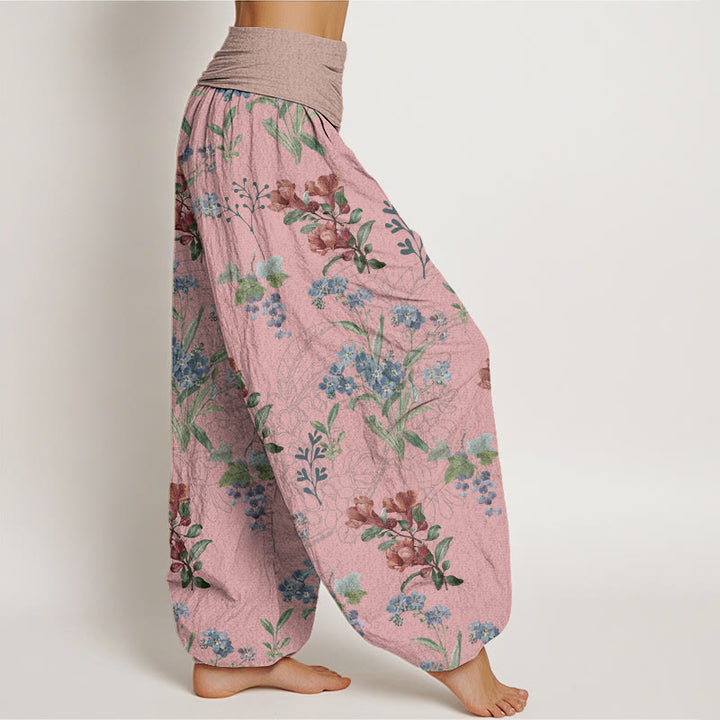 Pantalon sarouel à taille élastique pour femme, Buddha Stones, fleurs rouges, bleues et feuilles vertes - image 2