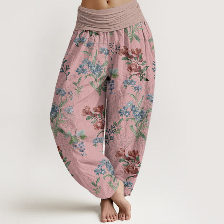 Pantalon sarouel à taille élastique pour femme, Buddha Stones, fleurs rouges, bleues et feuilles vertes - Rouge violet pâle - US22，UK/AU26，EU54 (6XL) - image 0