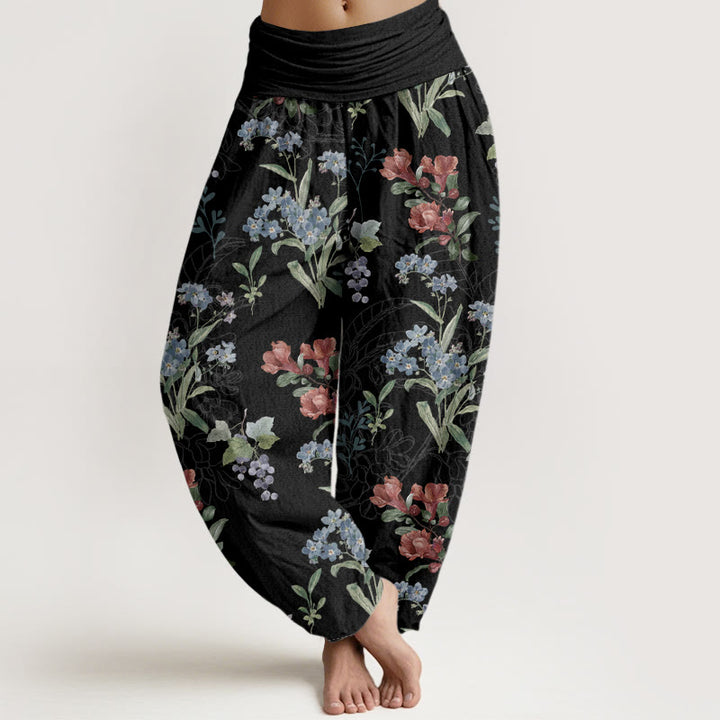 Pantalon sarouel à taille élastique pour femme, Buddha Stones, fleurs rouges, bleues et feuilles vertes - Noir - US22，UK/AU26，EU54 (6XL) - image 5