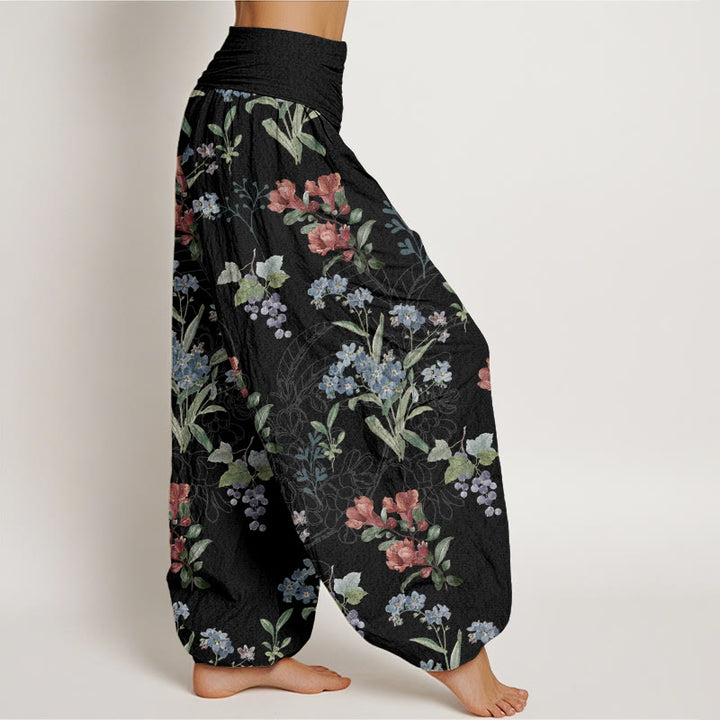 Pantalon sarouel à taille élastique pour femme, Buddha Stones, fleurs rouges, bleues et feuilles vertes - image 7