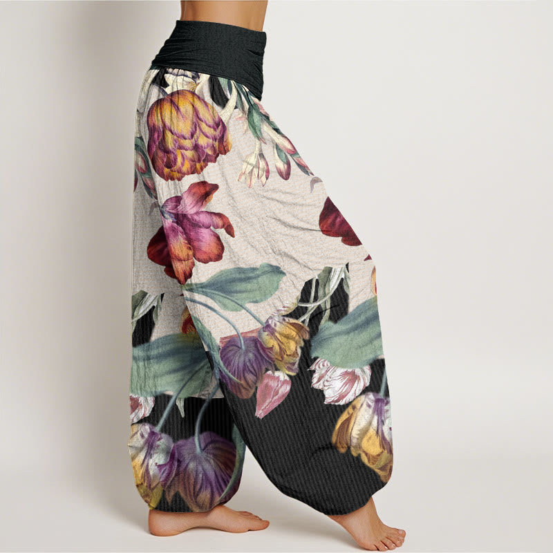 Pantalon sarouel taille élastique pour femme, Buddha Stones, tulipes, feuilles vertes - image 3