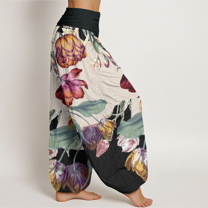 Pantalon sarouel taille élastique pour femme, Buddha Stones, tulipes, feuilles vertes - image 3