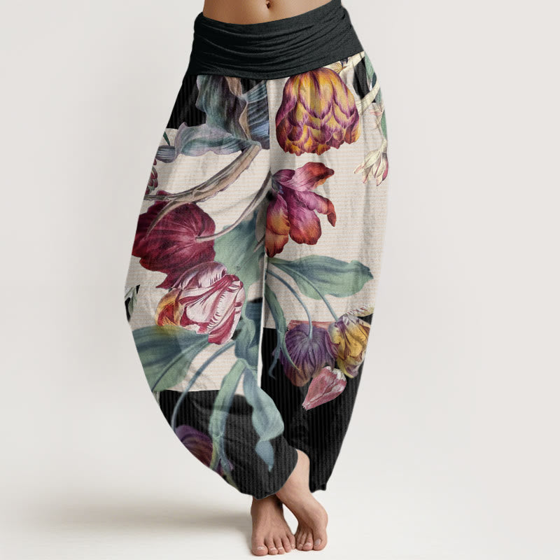 Pantalon sarouel taille élastique pour femme, Buddha Stones, tulipes, feuilles vertes - Noir - US22，UK/AU26，EU54 (6XL) - image 1