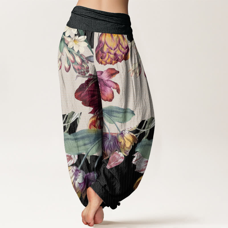 Pantalon harem à taille élastique pour femme , Buddha Stones, tulipes en coton et feuilles vertes - image 1