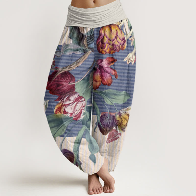 Pantalon sarouel taille élastique pour femme, Buddha Stones, tulipes, feuilles vertes - Beige - US22，UK/AU26，EU54 (6XL) - image 5