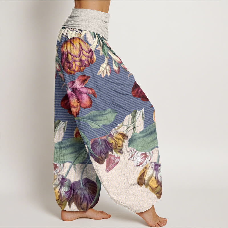 Pantalon harem à taille élastique pour femme , Buddha Stones, tulipes en coton et feuilles vertes - image 6