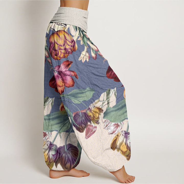 Pantalon harem à taille élastique pour femme , Buddha Stones, tulipes en coton et feuilles vertes - image 6