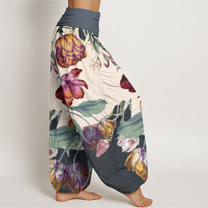 Pantalon sarouel taille élastique pour femme, Buddha Stones, tulipes, feuilles vertes - image 10