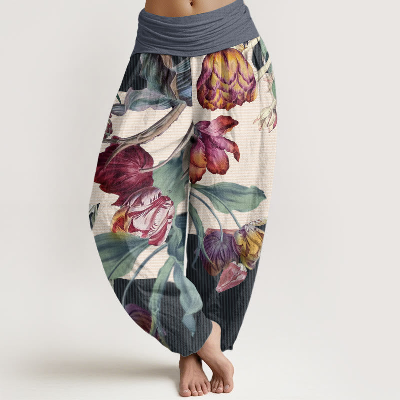 Pantalon sarouel taille élastique pour femme, Buddha Stones, tulipes, feuilles vertes - Bleu acier clair - US22，UK/AU26，EU54 (6XL) - image 8