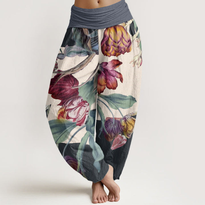 Pantalon sarouel taille élastique pour femme, Buddha Stones, tulipes, feuilles vertes - Bleu acier clair - US22，UK/AU26，EU54 (6XL) - image 8