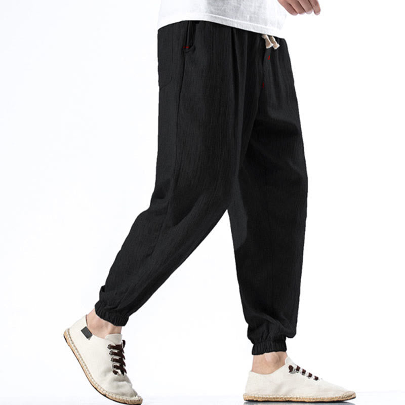 Pantalon décontracté en lin de couleur unie avec cordon de serrage et poches pour homme Buddha Stones - image 11