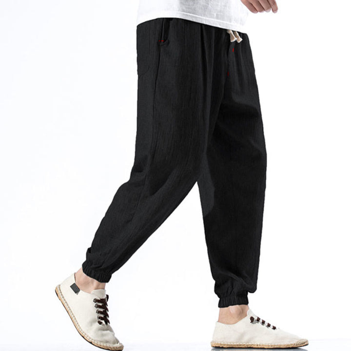 Pantalon décontracté en lin de couleur unie avec cordon de serrage et poches pour homme Buddha Stones - image 11