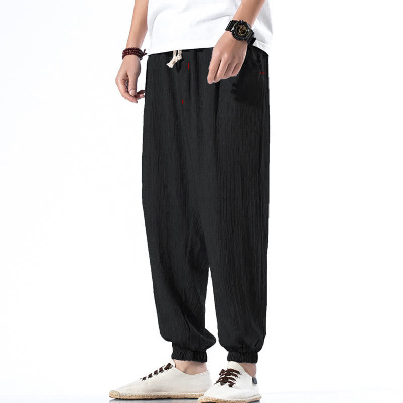 Pantalon décontracté en lin de couleur unie avec cordon de serrage et poches pour homme Buddha Stones - Noir - US/UK/AU46，EU56 (5XL) - image 10