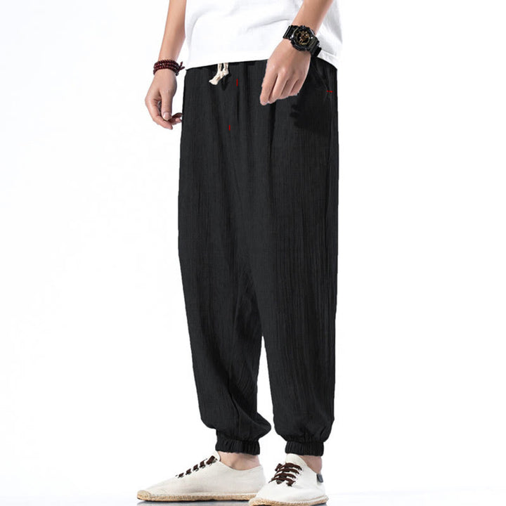 Pantalon décontracté en lin de couleur unie avec cordon de serrage et poches pour homme Buddha Stones - Noir - US/UK/AU46，EU56 (5XL) - image 10
