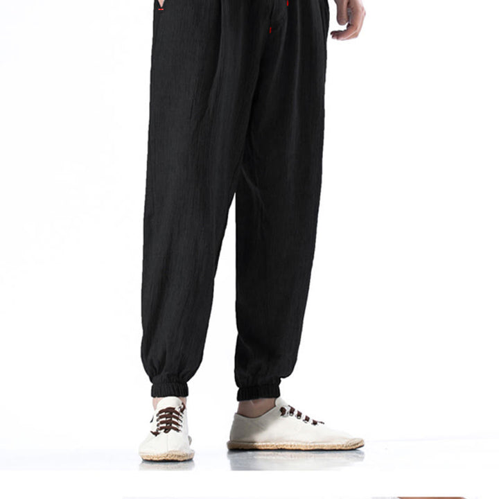 Pantalon décontracté en lin de couleur unie avec cordon de serrage et poches pour homme Buddha Stones - image 13