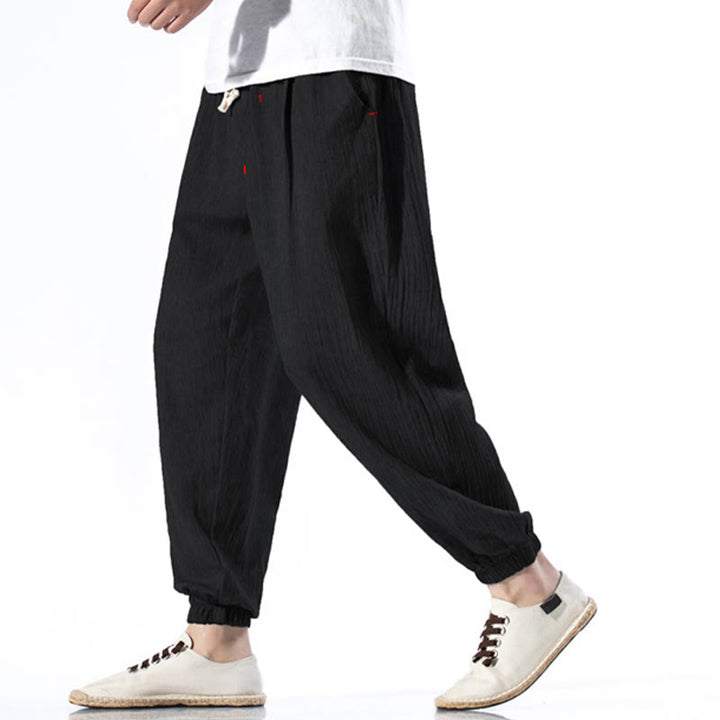 Pantalon décontracté en lin de couleur unie avec cordon de serrage et poches pour homme Buddha Stones - image 12