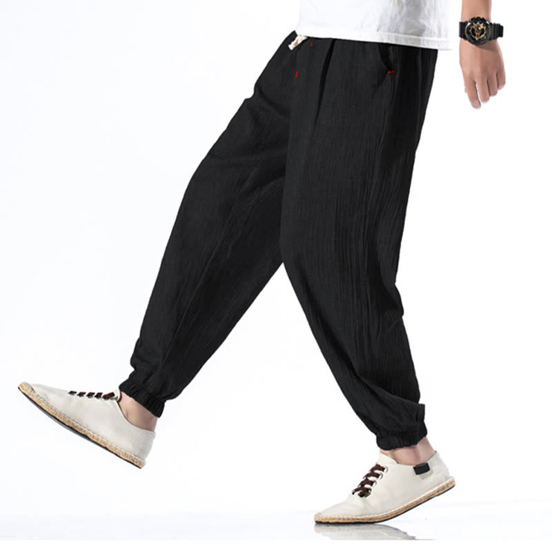 Pantalon décontracté en lin de couleur unie avec cordon de serrage et poches pour homme Buddha Stones - image 14
