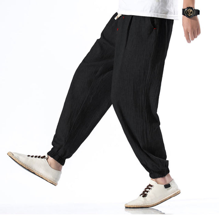 Pantalon décontracté en lin de couleur unie avec cordon de serrage et poches pour homme Buddha Stones - image 14