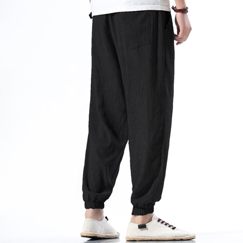 Pantalon décontracté en lin de couleur unie avec cordon de serrage et poches pour homme Buddha Stones - image 13