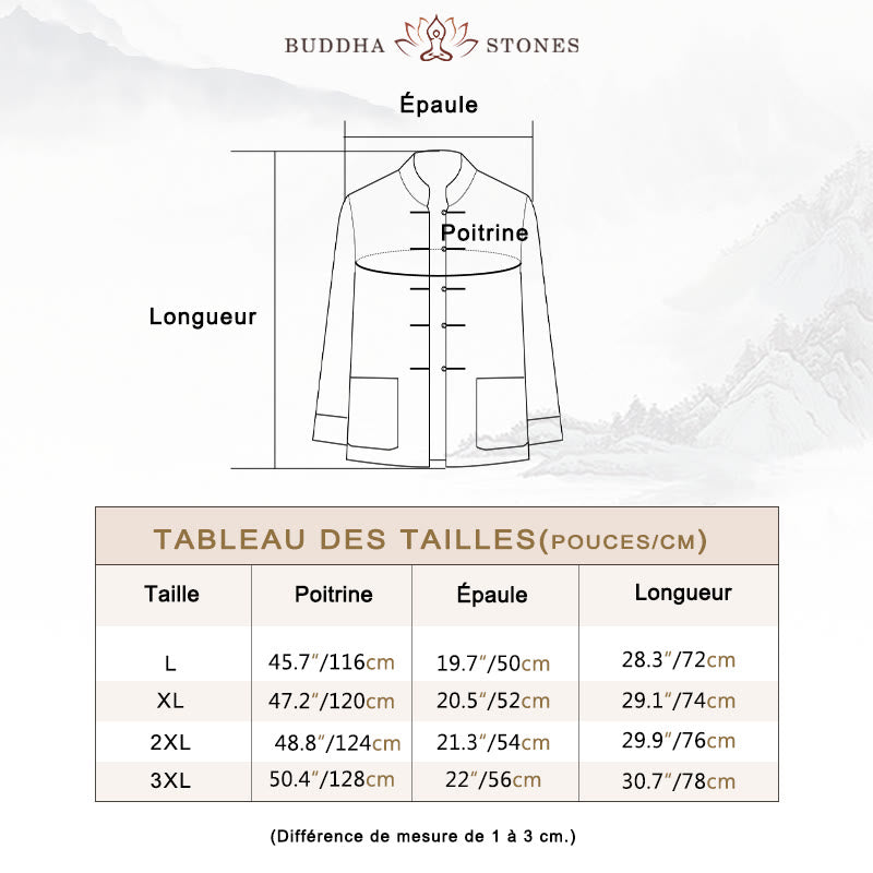 Ensemble de vêtements 2 pièces pour homme avec chemise à manches longues et pantalon et boutons en forme de Buddha Stones et de dragon