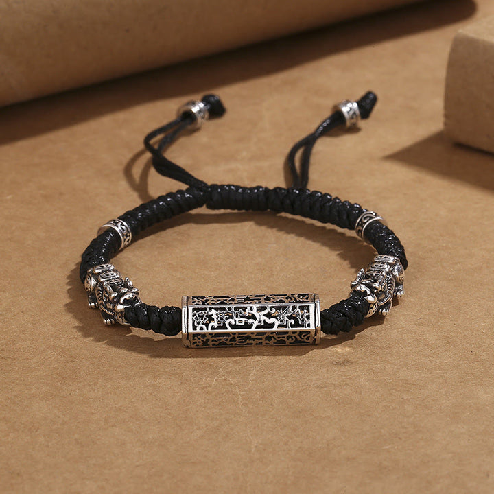 Bracelet tressé tibétain en cuivre avec Buddha Stones et cordon noir, protection Om Mani Padme Hum Pixiu