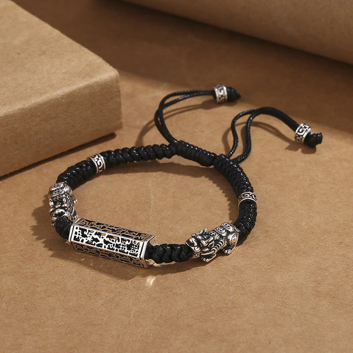 Bracelet tressé tibétain en cuivre avec Buddha Stones et cordon noir, protection Om Mani Padme Hum Pixiu