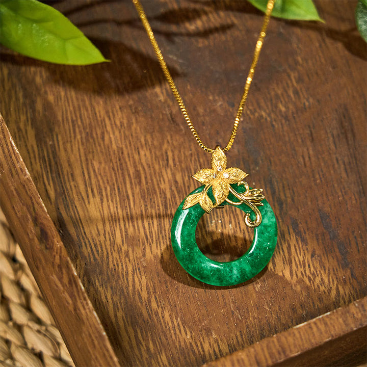 Collier pendentif en alliage de jade cyan avec Buddha Stones et boucle de paix, fleur de guérison et de chance