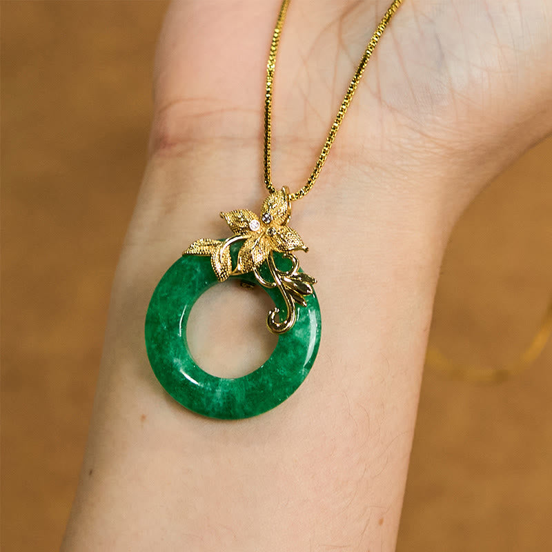 Collier pendentif en alliage de jade cyan avec Buddha Stones et boucle de paix, fleur de guérison et de chance