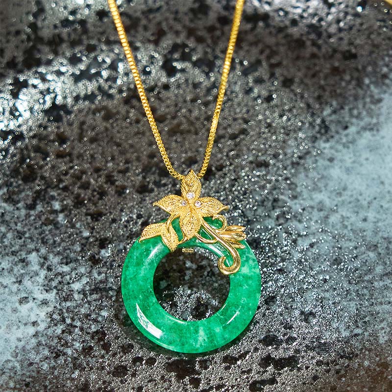 Collier pendentif en alliage de jade cyan avec Buddha Stones et boucle de paix, fleur de guérison et de chance