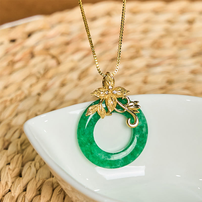 Collier pendentif en alliage de jade cyan avec Buddha Stones et boucle de paix, fleur de guérison et de chance