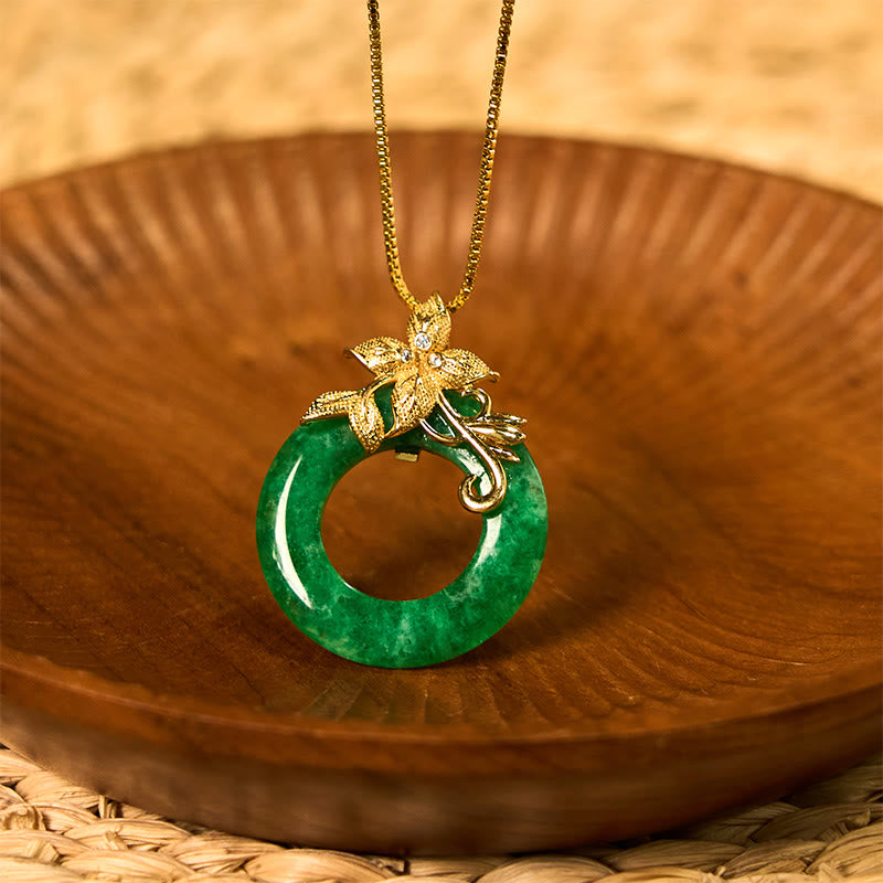 Collier pendentif en alliage de jade cyan avec Buddha Stones et boucle de paix, fleur de guérison et de chance