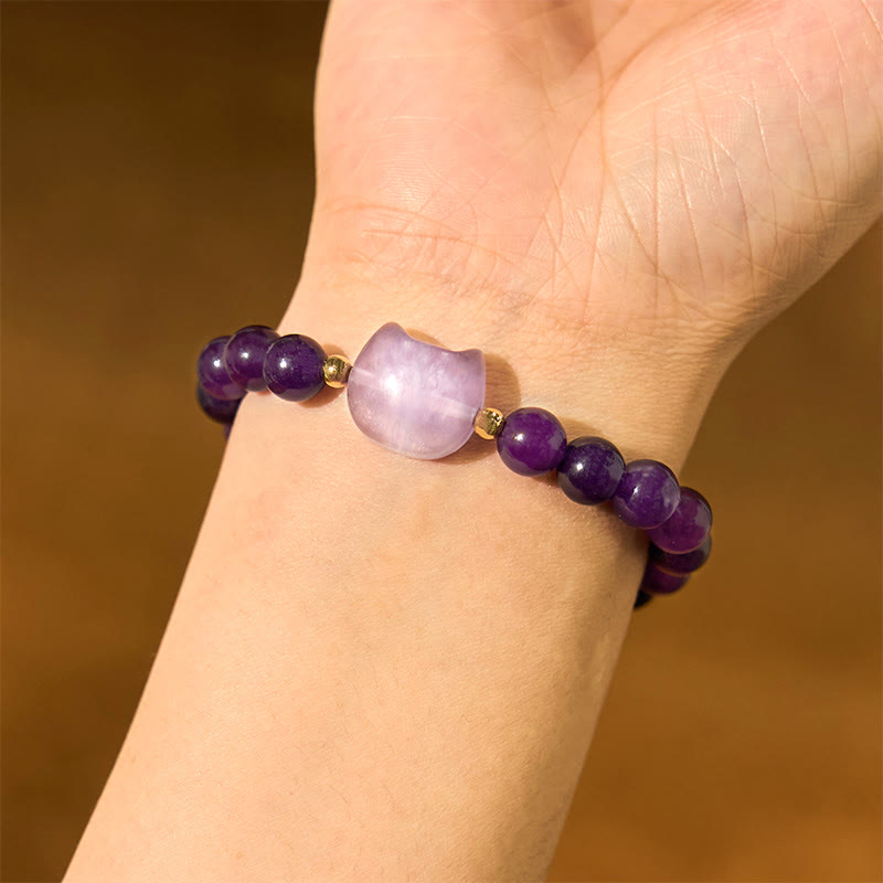 Bracelet porte-bonheur en Buddha Stones, améthyste, aventurine verte, quartz rose, fluorite, tête de chat - image 3