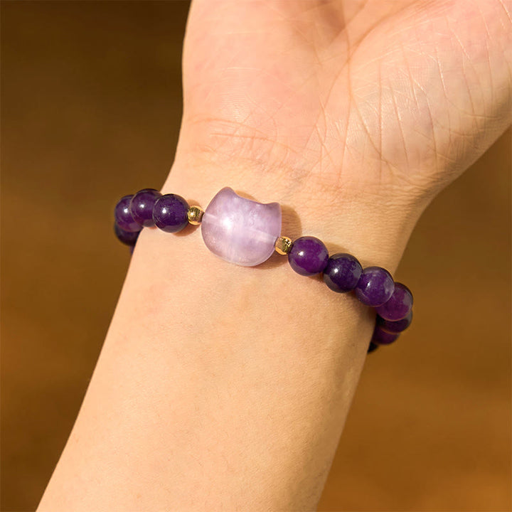 Bracelet porte-bonheur en Buddha Stones, améthyste, aventurine verte, quartz rose, fluorite, tête de chat - image 3