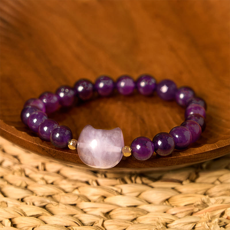 Bracelet porte-bonheur en Buddha Stones, améthyste, aventurine verte, quartz rose, fluorite, tête de chat - Améthyste (tour de poignet : 16-17 cm) - image 1