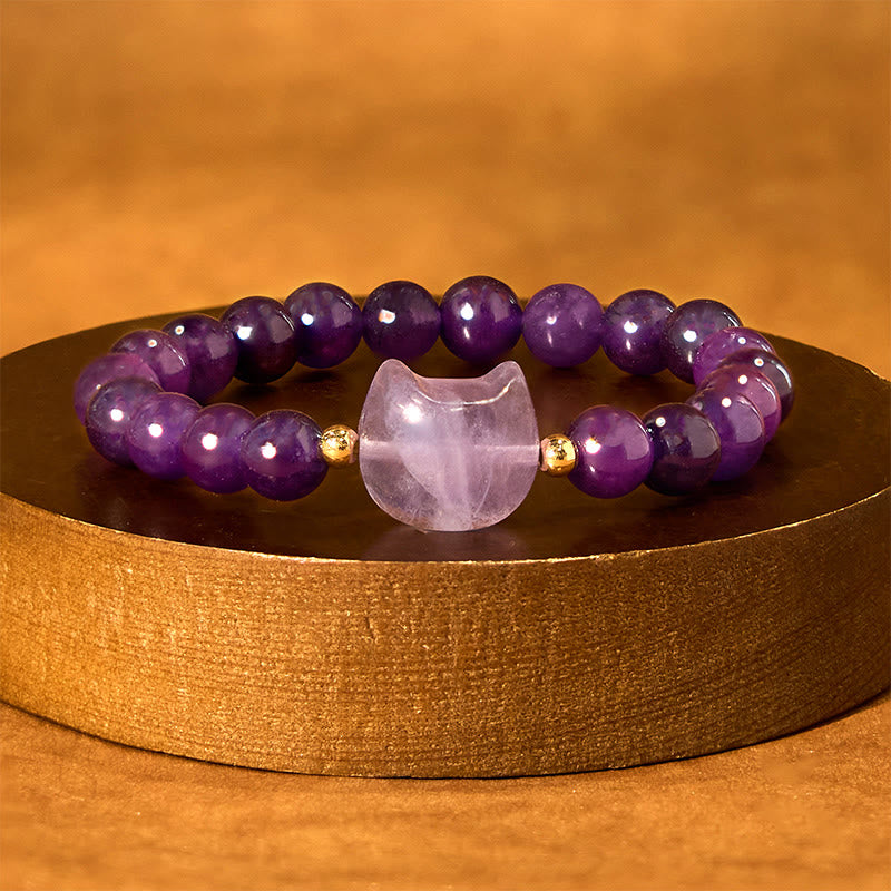 Bracelet porte-bonheur en Buddha Stones, améthyste, aventurine verte, quartz rose, fluorite, tête de chat - image 2