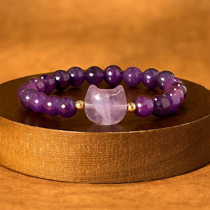 Bracelet porte-bonheur en Buddha Stones, améthyste, aventurine verte, quartz rose, fluorite, tête de chat - image 2