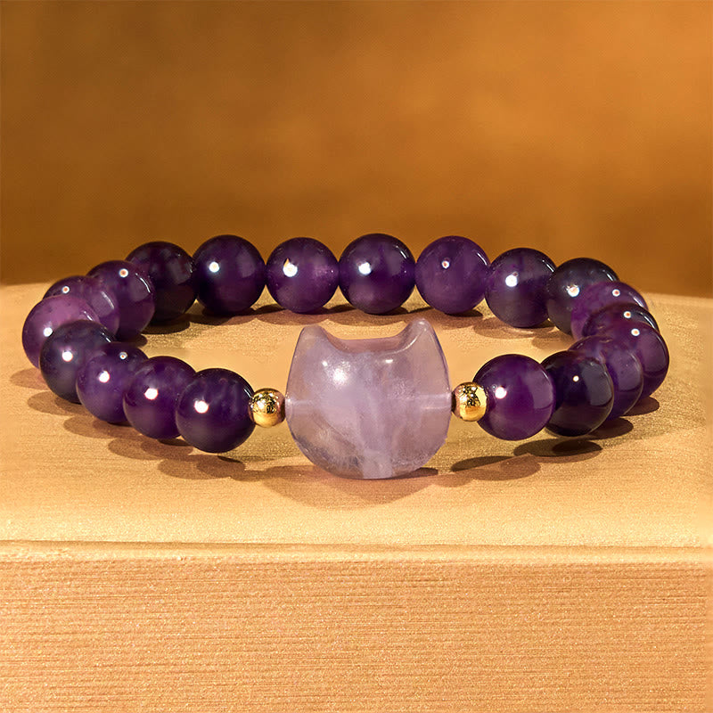 Bracelet porte-bonheur en Buddha Stones, améthyste, aventurine verte, quartz rose, fluorite, tête de chat - image 4