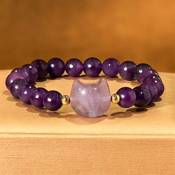 Bracelet porte-bonheur en Buddha Stones, améthyste, aventurine verte, quartz rose, fluorite, tête de chat - image 4