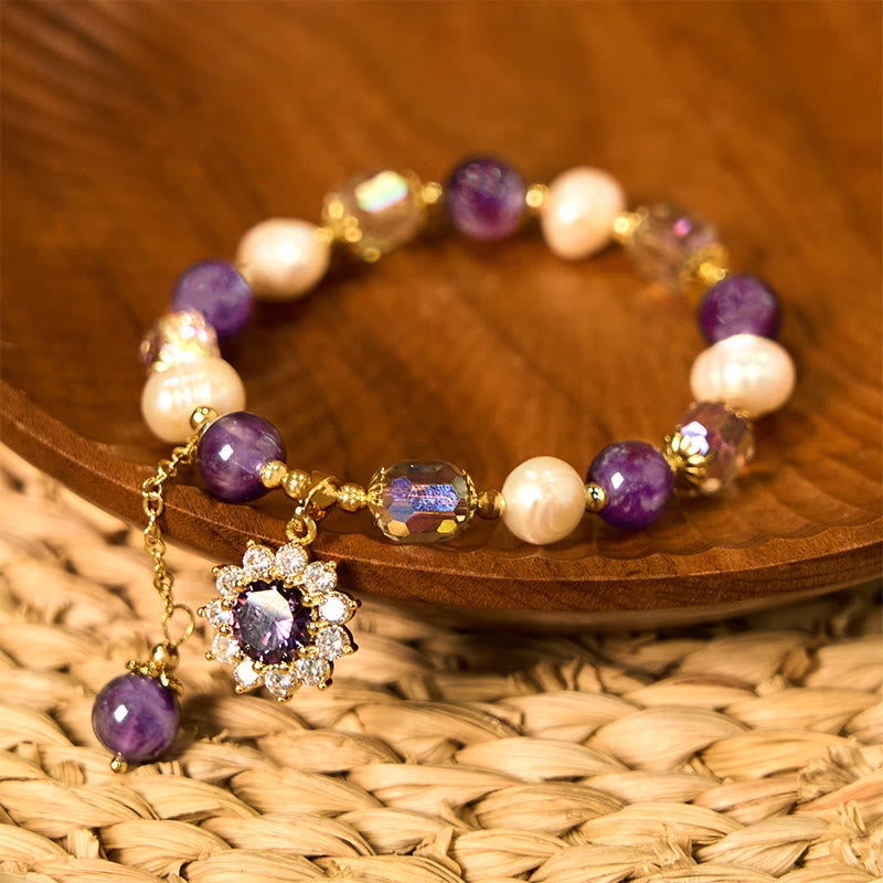 Bracelet de communication en perles d'améthyste et tournesol en Buddha Stones