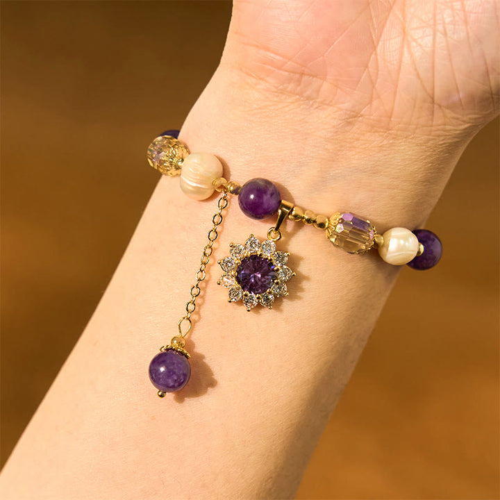 Bracelet de communication en perles d'améthyste et tournesol en Buddha Stones