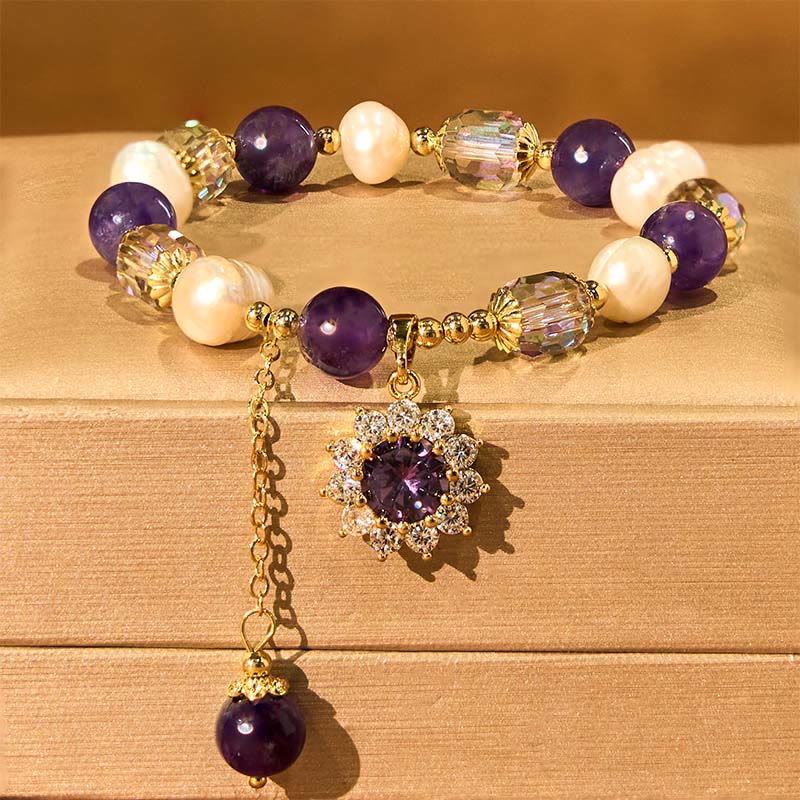 Bracelet de communication en perles d'améthyste et tournesol en Buddha Stones