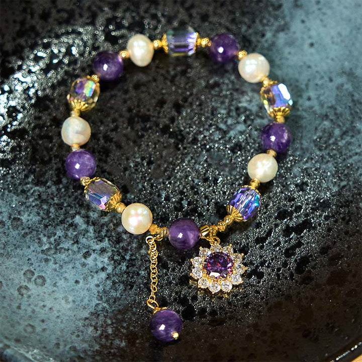 Bracelet de communication en perles d'améthyste et tournesol en Buddha Stones