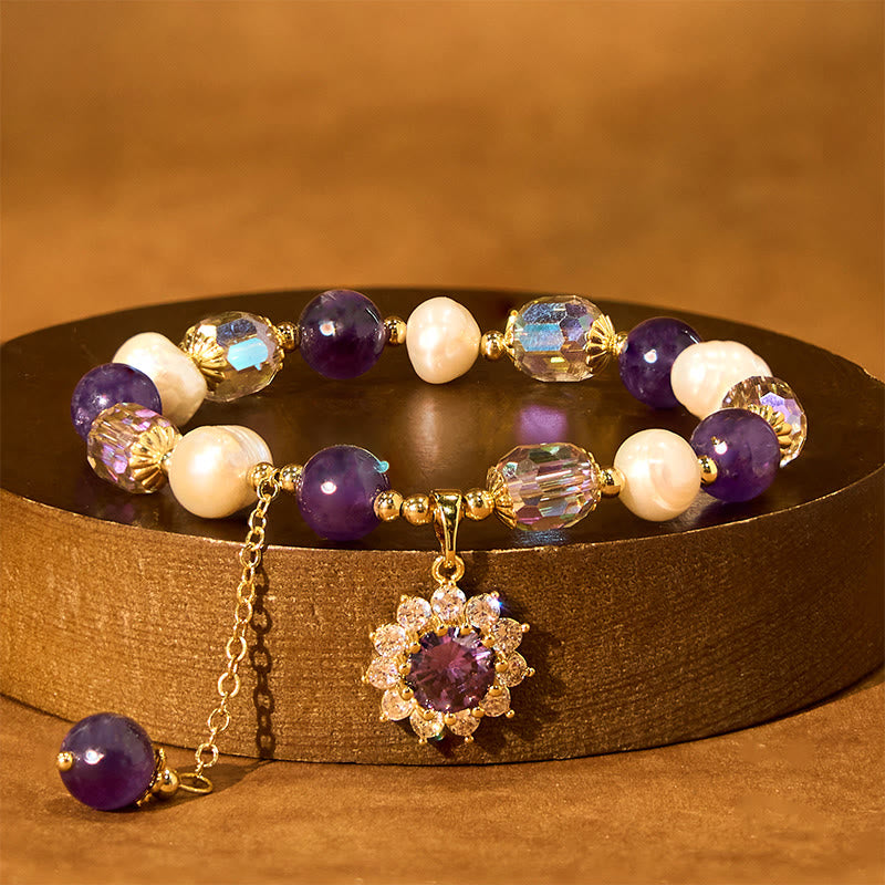 Bracelet de communication en perles d'améthyste et tournesol en Buddha Stones