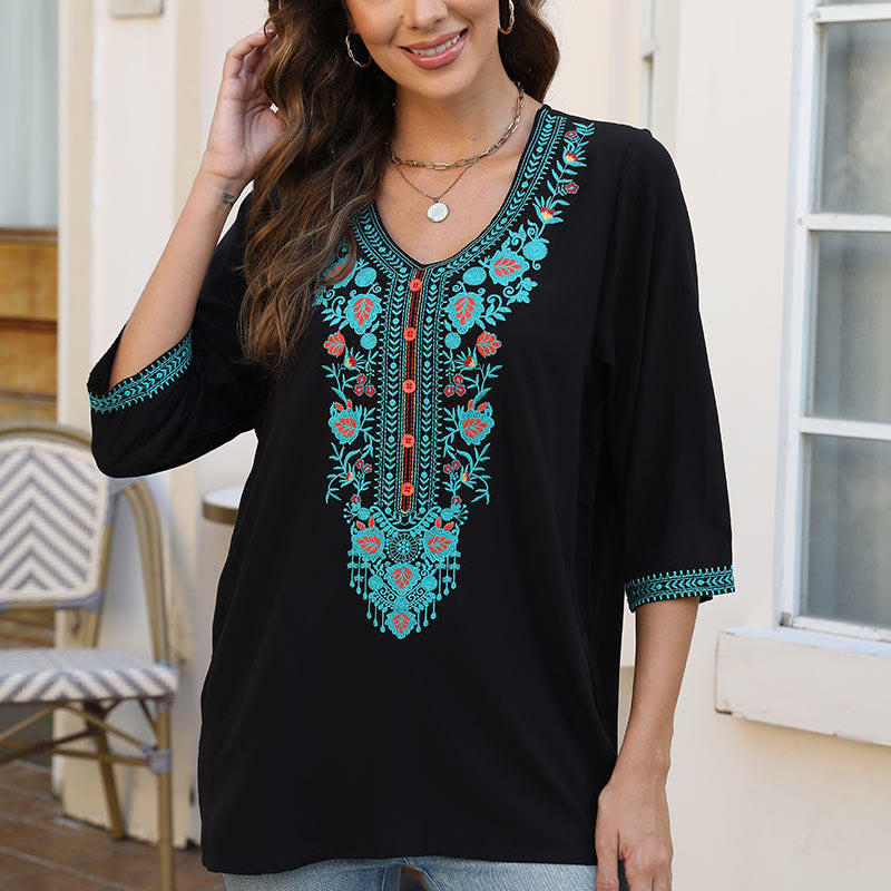 T-shirt d'été décontracté en coton à manches mi-longues et col en V pour femme, motif Buddha Stones , broderie de fleurs et de feuilles - image 6