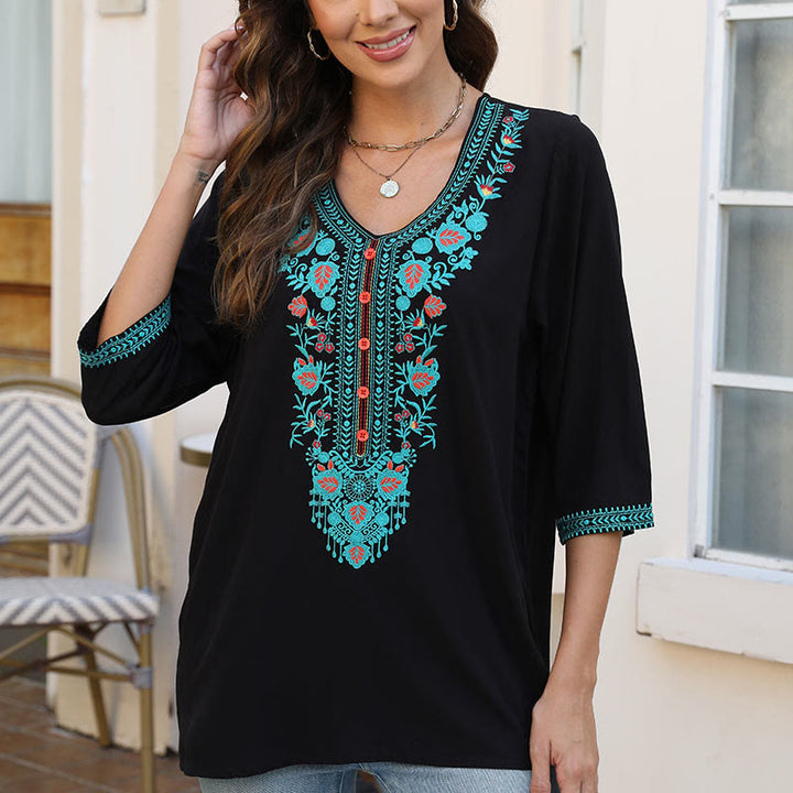 T-shirt d'été décontracté en coton à manches mi-longues et col en V pour femme, motif Buddha Stones , broderie de fleurs et de feuilles - image 6