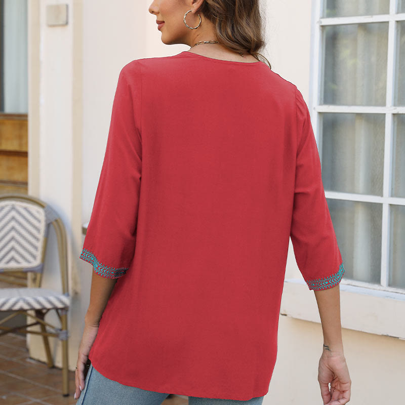 T-shirt d'été décontracté en coton à manches mi-longues et col en V pour femme, motif Buddha Stones , broderie de fleurs et de feuilles - image 21